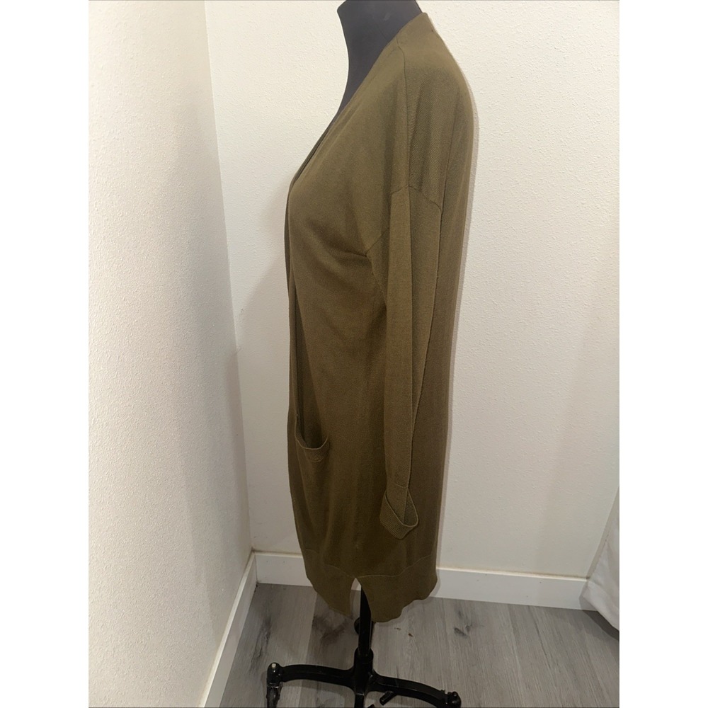 Halogen Cashmere Blend Open Front Cardigan Olive Long Sleeve Front Pockets Sz S - Picture 4 of 8